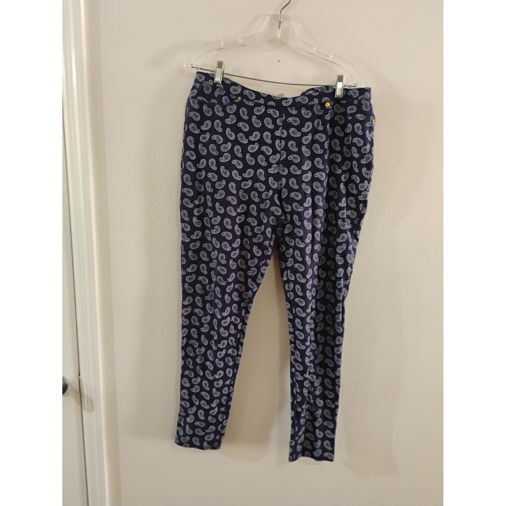 Michael Kors Navy Blue Paisley Print Stretch Ankle Pants XL Gold Hardware